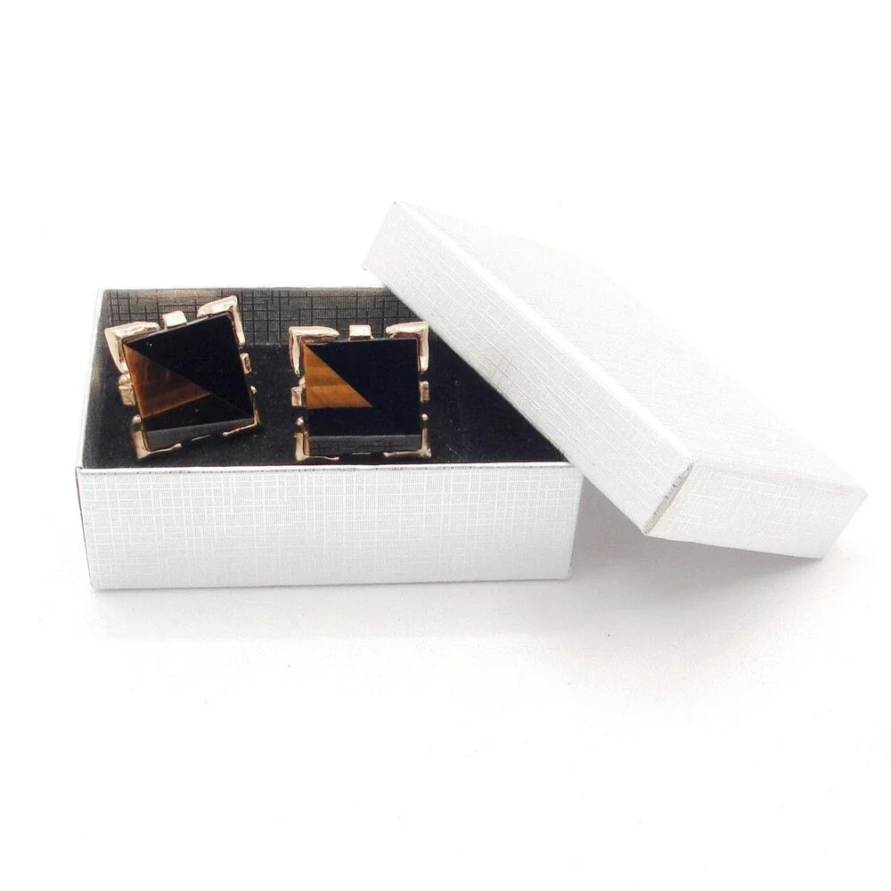 Vintage Simmons Karatclad Tigers Eye Black Onyx Square Cufflinks Modernist MCM